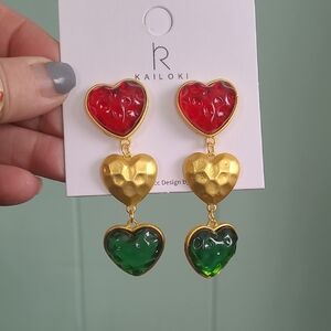 Stunning Red Gold Green Cascading Heart Pierced Drop Earrings